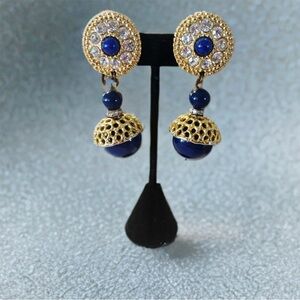 Vintage Blanca Blue Cabochon Rhinestone Dangle Earrings | Gold Tone Clip On